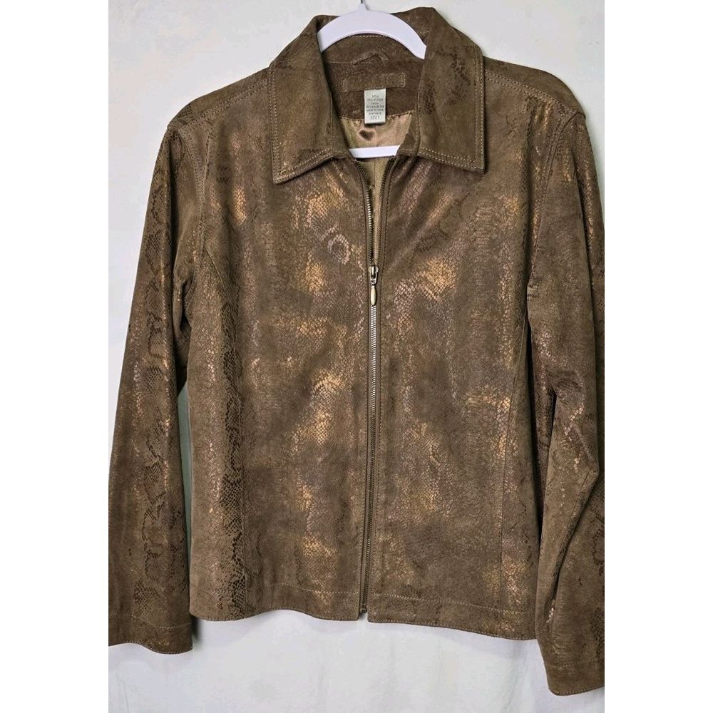 Chico's Leather Jacket Women's 1 Large Reptile Print Metallic Gold Full Zip